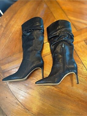 Vince Camuto Black Textured Pointed-Toe Stiletto Knee Boots